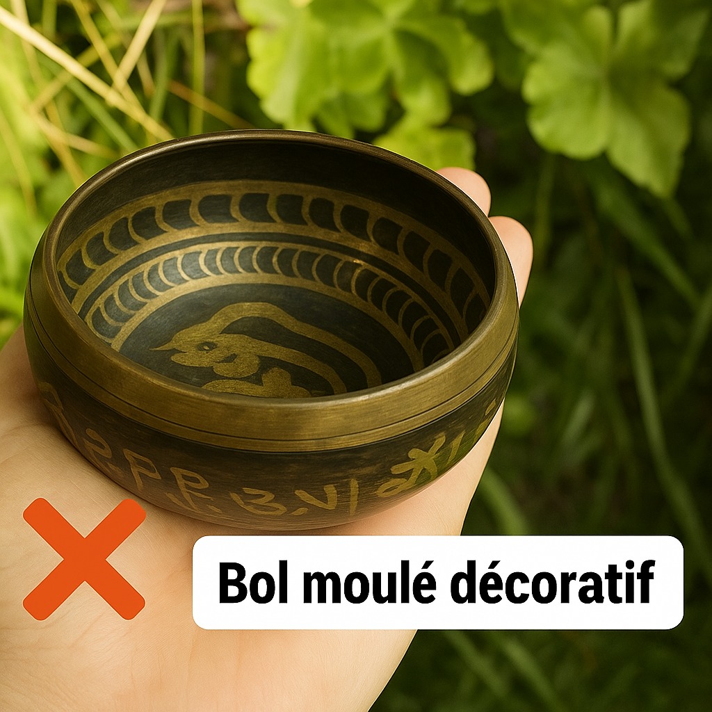 Bol chantant tibétain moulé de fabrication industrielle, présenté à des fins décoratives