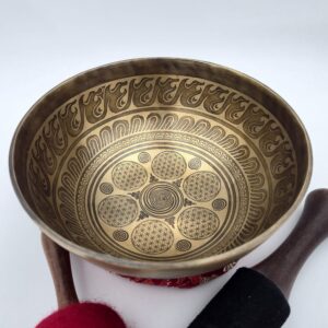 bol chantant gravé 7 métaux motif fleur de vie avec mailloche et bâton cuir
