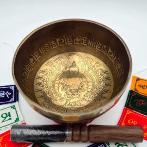 bol chantant tibétain gravé Bouddha 7 métaux 574 g Ré vue intérieure mantra et gravure Bouddha avec bâton bois cuir