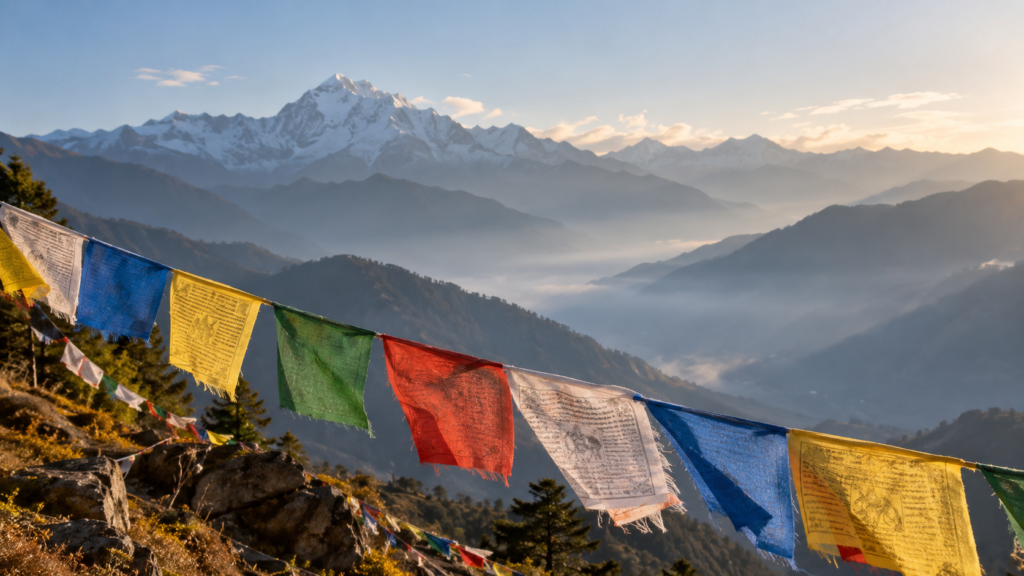 Drapeaux de prière tibétains face aux montagnes de l’Himalaya