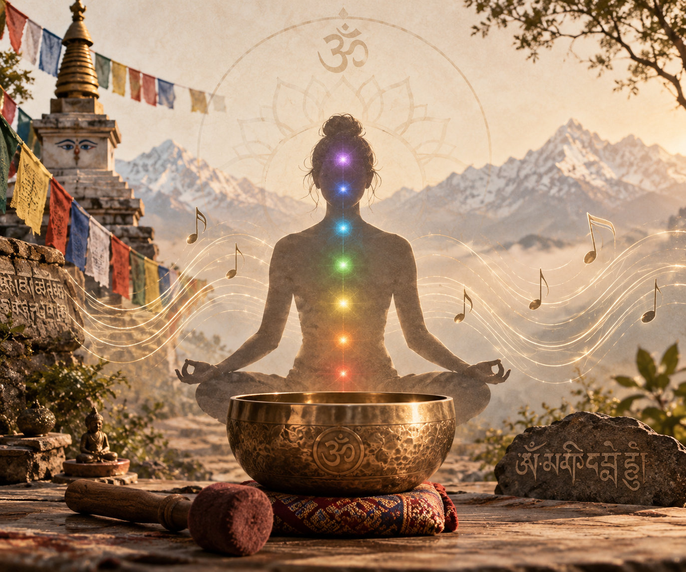 Bol tibétain illustrant les notes, les fréquences et les vibrations