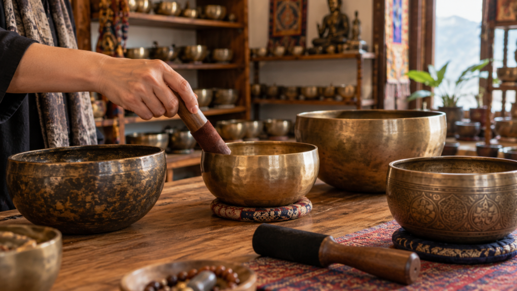 Main testant un bol tibétain parmi plusieurs bols chantants dans un showroom artisanal