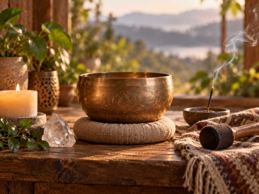 Bol tibétain avec quartz et fumée d’encens près d’une fenêtre, dans une ambiance de purification et de bien-être.