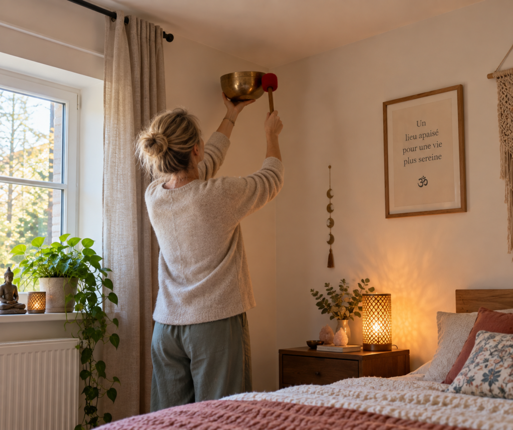 Femme de dos faisant résonner un bol tibétain avec une mailloche dans une chambre chaleureuse.