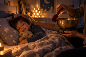 Enfant apaisé au coucher pendant l’utilisation douce d’un bol tibétain