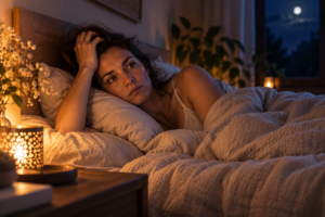 Femme allongée ayant du mal à trouver le sommeil dans une chambre tamisée
