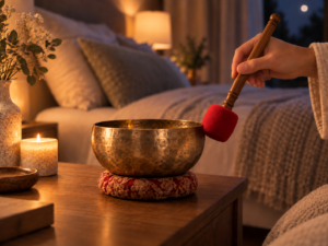 Bol tibétain joué doucement avec une mailloche rouge dans une chambre avant le couche