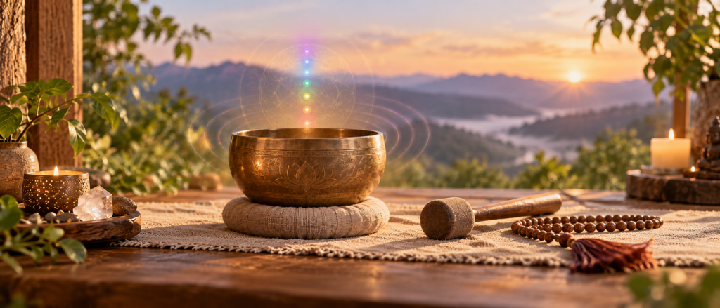 Bol tibétain dans une ambiance zen avec symboles colorés inspirés des chakras.