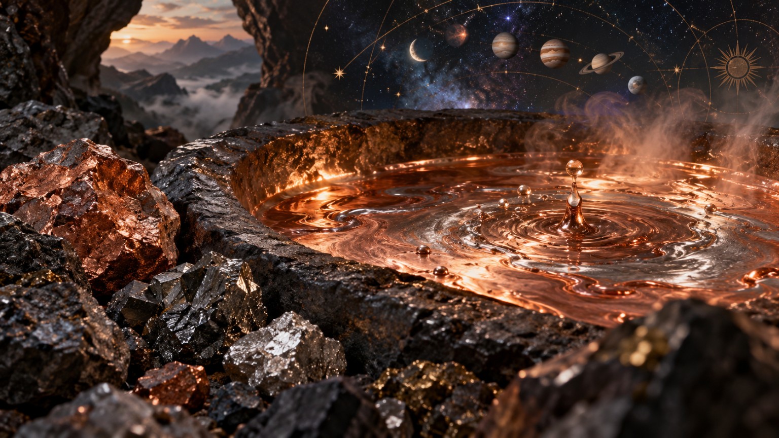 Métaux en fusion, minéraux et astres illustrant la composition d’un bol tibétain