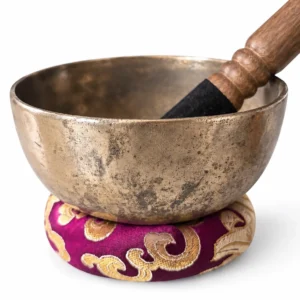 Bol tibétain antique Old Thado de 300 g et 113 mm, avec patine ancienne, présenté sur un coussin violet brodé et accompagné de son bâton en bois.