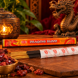 Étui individuel orange HEM Dragon's Blood Sang de Dragon, encens indien en ambiance rouge et dorée
