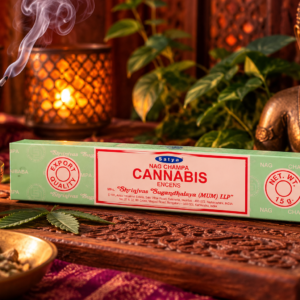 Encens Satya Nag Champa Cannabis 15 g dans une ambiance chaleureuse avec porte-encens et fumée