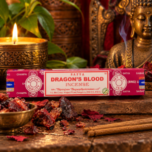 Paquet individuel d'encens indien Satya Dragon's Blood Sang de Dragon 15 g avec bougie et Bouddha