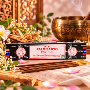Boîte d'encens Satya Palo Santo 15 g avec bâtonnets, bol tibétain et décor chaleureux