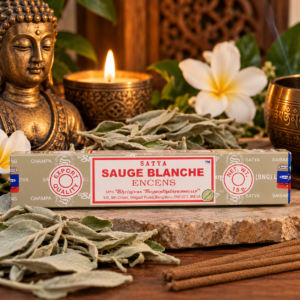Paquet individuel d'encens Satya Sauge Blanche 15 g, traditionnellement utilisé dans les rituels de purification, avec Bouddha et fleurs