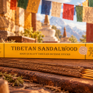 Encens tibétain Sandalwood au santal, boîte jaune et bâtonnets devant des drapeaux de prières himalayens