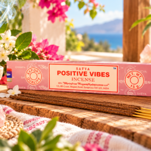 Encens Satya Positive Vibes 15 g dans un décor fleuri et ensoleillé avec bâtonnets d'encens