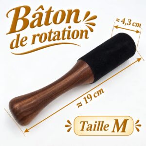 Bâton de rotation M pour bol tibétain, bois brun à poignée évasée et embout noir, longueur 19 cm, diamètre 4,3 cm.