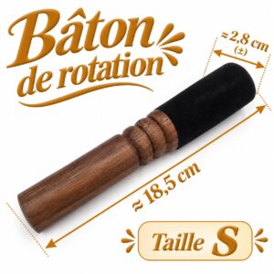 Bâton de rotation S pour bol tibétain, bois brun et embout noir, longueur 18,5 cm, diamètre 2,8 cm.