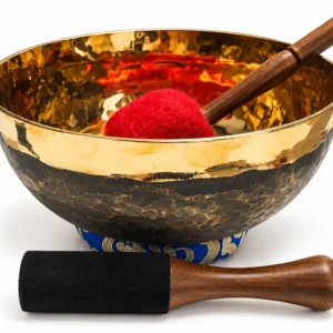 Bol tibétain Ulta Bathi Do dièse, 1 600 g et 225 mm, coussin bleu, mailloche rouge et bâton à tête noire.