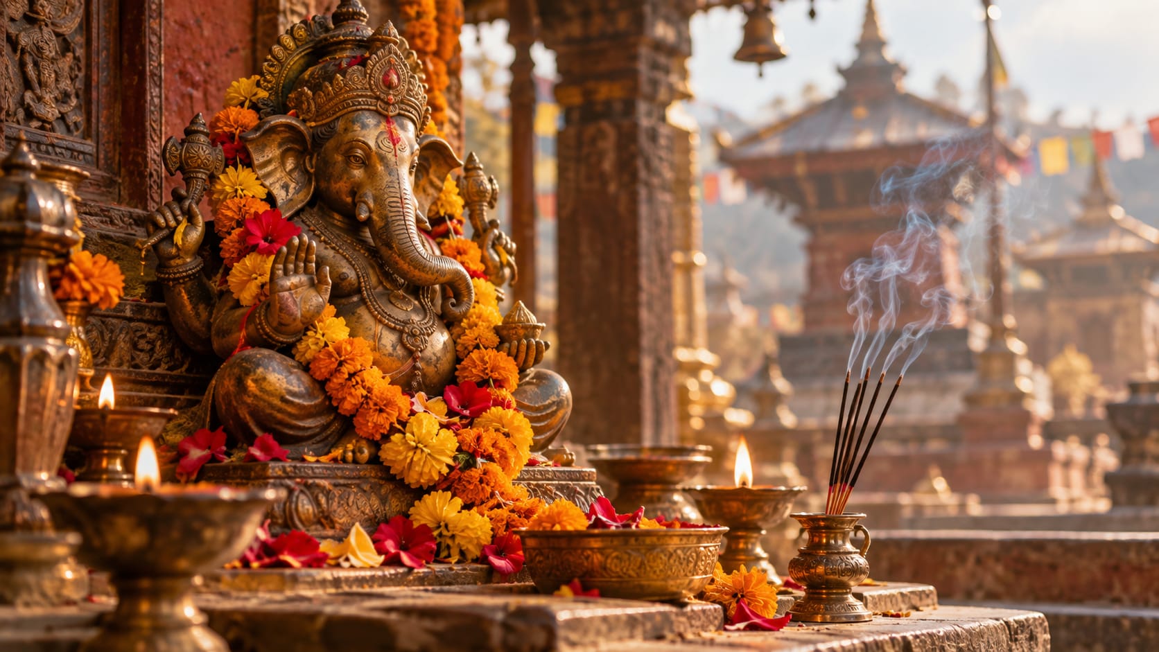 Statue de Ganesh entourée de fleurs et de bâtonnets d’encens fumants dans un temple traditionnel du Népal.