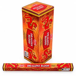 Boîte de 25 étuis d'encens indien HEM Dragon's Blood, avec un étui individuel et motifs de dragons rouges.