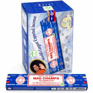 Boîte de 12 paquets d'encens indien Satya Nag Champa de 15 g, accompagnée d'un paquet individuel.