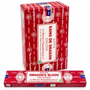 Encens indien Satya Dragon's Blood (Sang de Dragon), boîte de 12 paquets de 15 g avec paquet individuel.