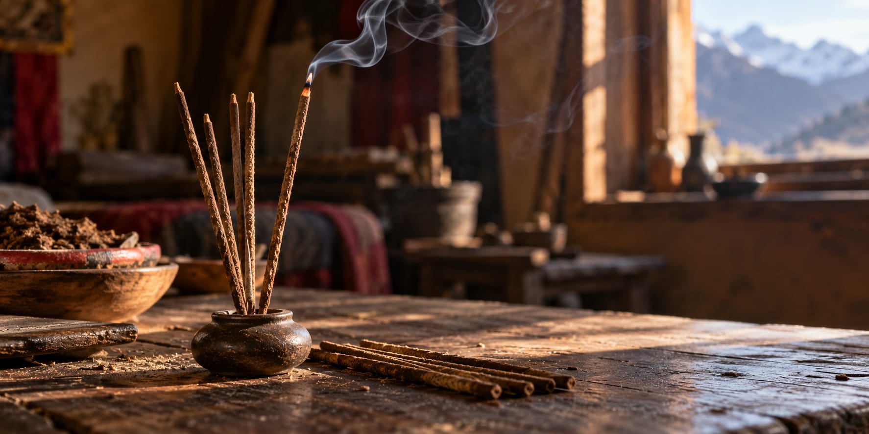 Boîte de bâtonnets d’encens tibétain de tradition himalayenne, fabriquée au Népal