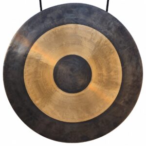 Gong tibétain de 60 cm en La, finition noire et dorée avec cercles concentriques et motif Eyes.