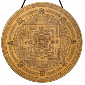 Gong tibétain gravé 40 cm vu de face avec mandala et motifs détaillés