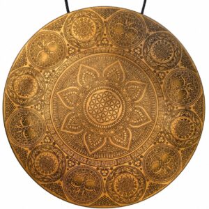 Gong tibétain gravé 60 cm avec Fleur de vie, arbres de vie et motifs lunaires