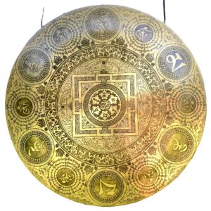 Gong tibétain gravé 70 cm avec mandala central, Om et mantras