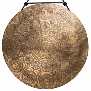 Gong tibétain gravé 80 cm en Fa avec mandala central et symboles bouddhistes
