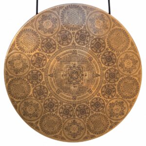 Gong tibétain lunaire gravé 70 cm en Sol avec mandala central et motifs géométriques