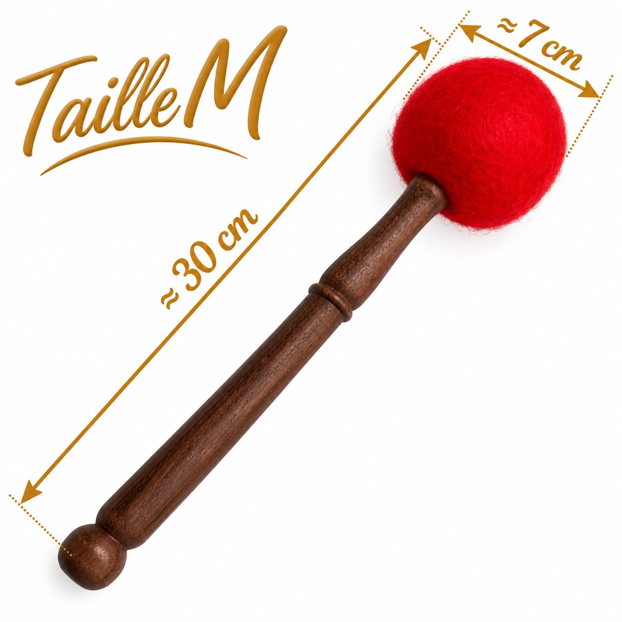 Mailloche de frappe pour bol tibétain taille M, manche en bois et grande tête rouge de 7 cm, longueur 30 cm.