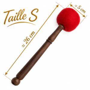 Mailloche de frappe pour bol tibétain taille S, manche en bois et tête rouge de 5 cm, longueur 26 cm.
