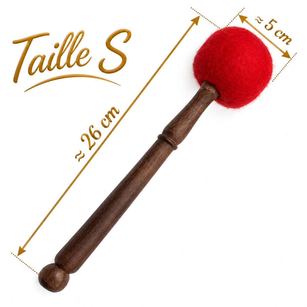 Mailloche de frappe pour bol tibétain taille S, manche en bois et tête rouge de 5 cm, longueur 26 cm.
