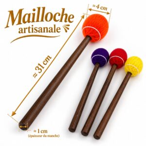Mailloches Lollipop XS pour bol tibétain, têtes colorées en fil, manche en bois, longueur 31 cm et tête de 4 cm.