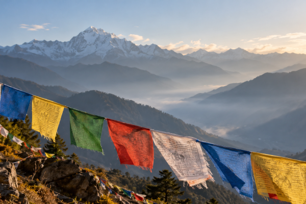 Drapeaux de prière tibétains face aux montagnes de l’Himalaya