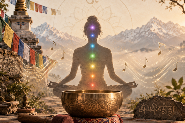 Silhouette en méditation avec chakras, bol tibétain et ondes musicales dans l’Himalaya