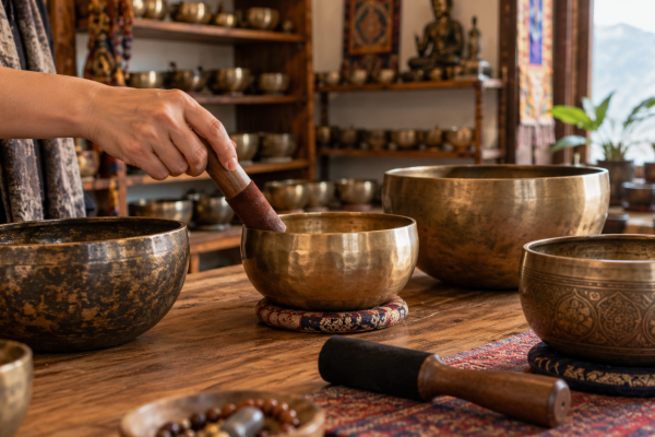 Main testant un bol tibétain parmi plusieurs bols chantants dans un showroom artisanal