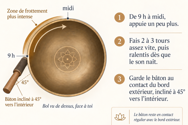 Schéma pour faire monter le son d’un bol tibétain avec un bâton incliné à 45 degrés entre 9 h et midi