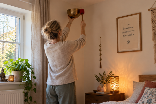 Femme de dos faisant résonner un bol tibétain avec une mailloche dans une chambre chaleureuse.