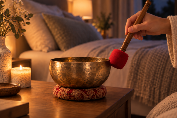 Bol tibétain joué doucement avec une mailloche rouge dans une chambre avant le couche