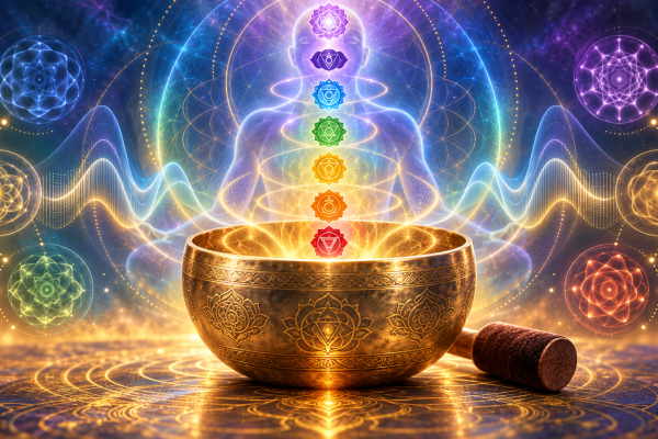 Bol tibétain entouré d’ondes sonores et de chakras lumineux illustrant ses usages vibratoires et énergétiques