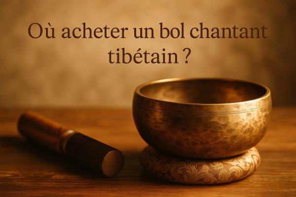 Bol chantant tibétain posé sur un coussin avec une mailloche, illustrant un guide pour choisir où acheter un bol authentique