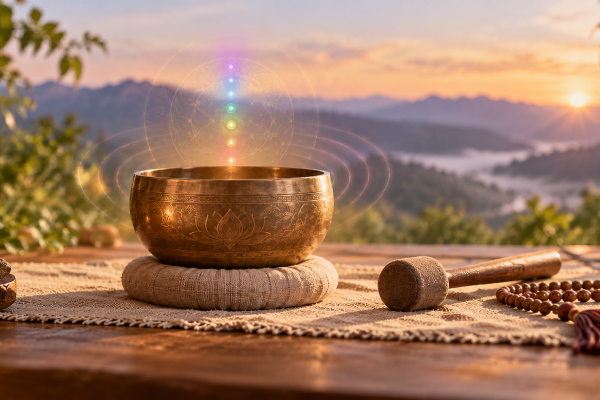 Bol tibétain dans une ambiance zen avec symboles colorés inspirés des chakras.
