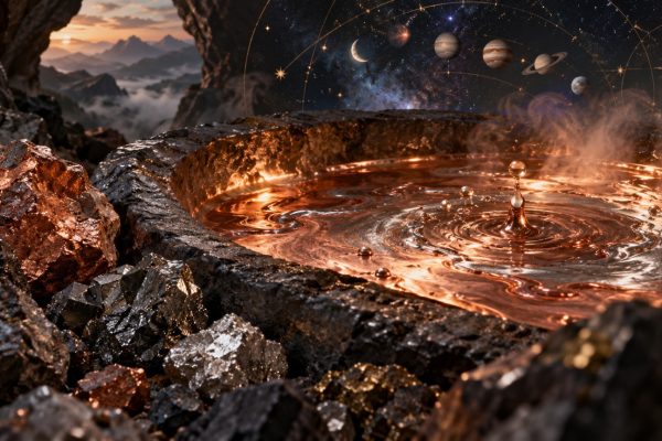 Métaux en fusion, minéraux et astres illustrant la composition d’un bol tibétain
